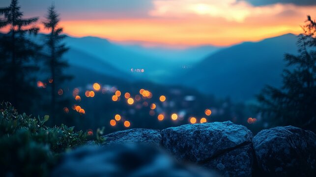 Rocky Outcrop Overlooking a Distant Town at Twilight
