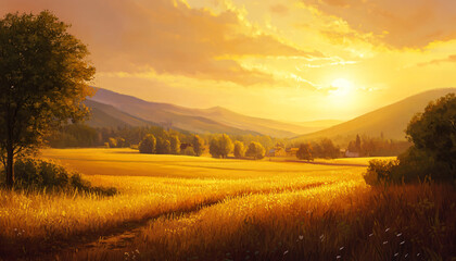 A sun-kissed landscape with warm golden hues over a quiet countryside, radiating tranquility and peace