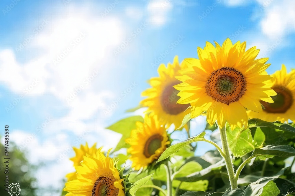 Poster Cheerful sunflowers bloom proudly, soaking up the bright sunlight against a backdrop of a clear blue sky. Generative AI