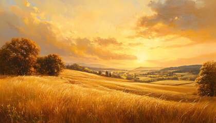 Fototapeta premium A sun-kissed landscape with warm golden hues over a quiet countryside, radiating tranquility and peace