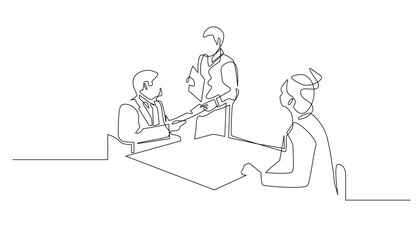 Continuous lines of working groups are discussing. line drawing of the team coordinating the work. serious office atmosphere, during work hours. team meetings