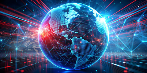 Obraz premium Three-dimensional digital cyberspace world with blue and red lines, perfect for news graphics or book covers