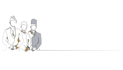 continuous line of hotel waiter.single line drawing of hotel receptionist,hotel chef standing welcoming guests.single line drawing isolated white background