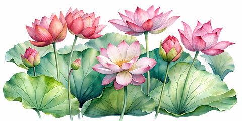 Fototapeta premium Watercolor of realistic lotus flowers and leaves, perfect for wedding invitations and decorations, watercolor