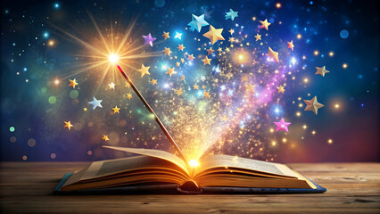 Magical spellbook and enchanted wand with colorful s for children's magic posters, magic, spellbook, enchanted wand