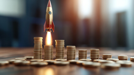 The power of compound interest is shown using a rocket launching and growing stacks of coins. This 3D illustration represents the concept of how investments can grow rapidly over time.