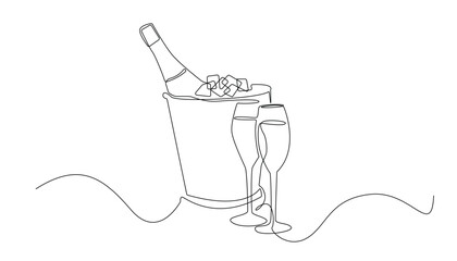 vector continuous line Champagne Bottle Wine Bucket Alcoholic drink.drawing one line on a white background