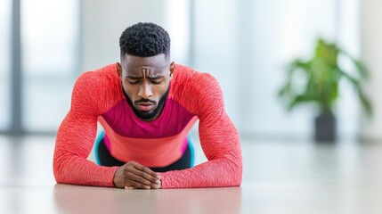 Fototapeta premium A focused man performs a plank exercise indoors, showcasing strength and determination in a modern training environment.