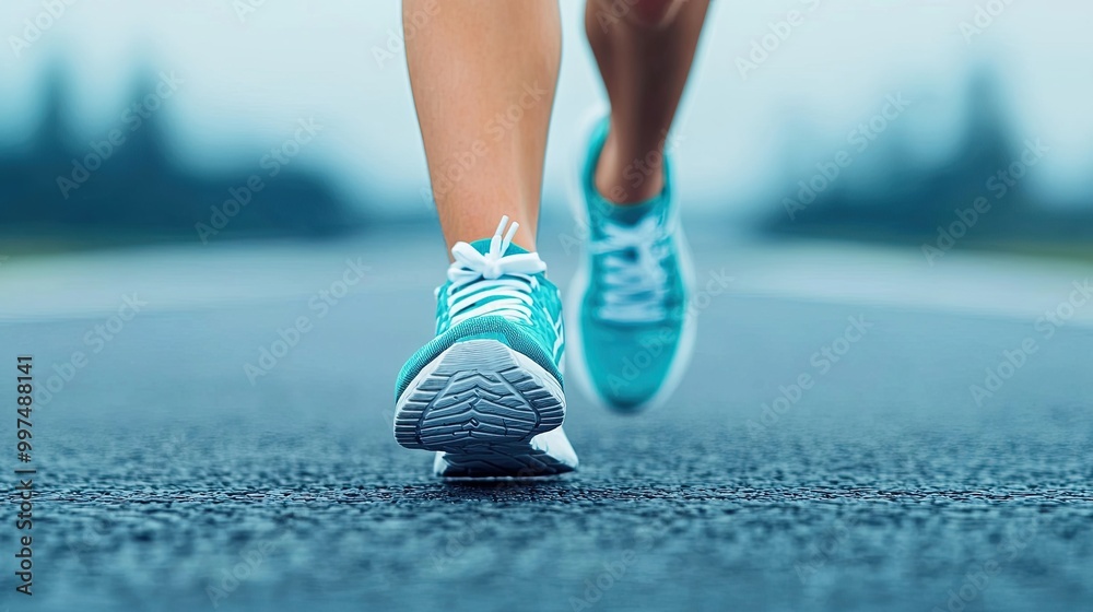 Wall mural a close-up of a runner's foot in bright blue running shoes, striking the road, emphasizing movement 