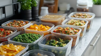 Batch cooking meal prep with tupperware containers filled with various healthy foods for an organized week.