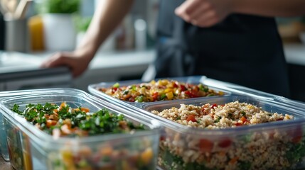 Obraz premium Meal prep containers with balanced portions of vegetables, grains, and proteins, emphasizing portion control.