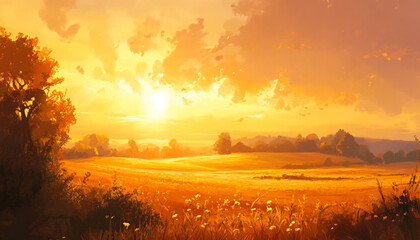 Naklejka premium A sun-kissed landscape with warm golden hues over a quiet countryside, radiating tranquility and peace