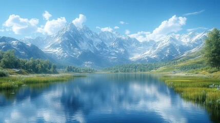 Fototapeta premium majestic view of high mountain meadows under a clear blue sky framed by towering peaks and tranquil waters reflecting the beauty of nature evoking a sense of peace and grandeur