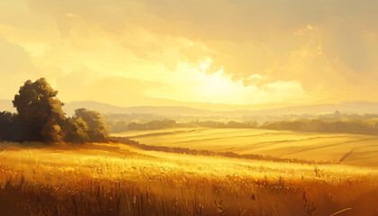 Obraz premium A sun-kissed landscape with warm golden hues over a quiet countryside, radiating tranquility and peace