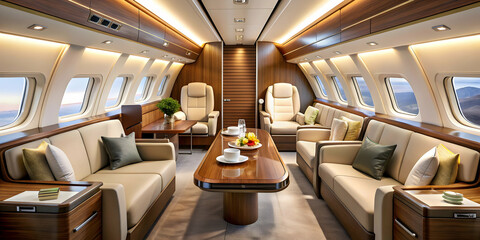 Fototapeta premium Luxurious interior of airplane, first class flight, luxury, airplane, first class, travel, comfortable, elegance
