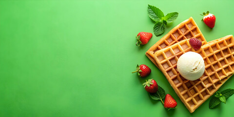 Waffles and ice cream presented on a vibrant green background, dessert, delicious, sweet, treat, Belgian, dessert, tasty