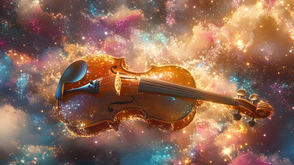 Fototapeta premium Floating Violin Surrounded by Bright Sparkles