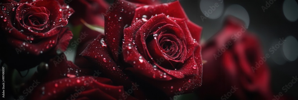 Aufkleber deep red roses with delicate water droplets capture beauty and freshness, making them ideal for expr