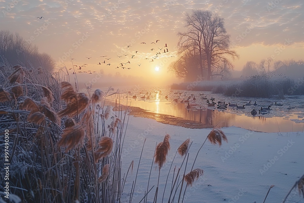 Canvas Prints Winter Sunrise Over a Frozen Lake