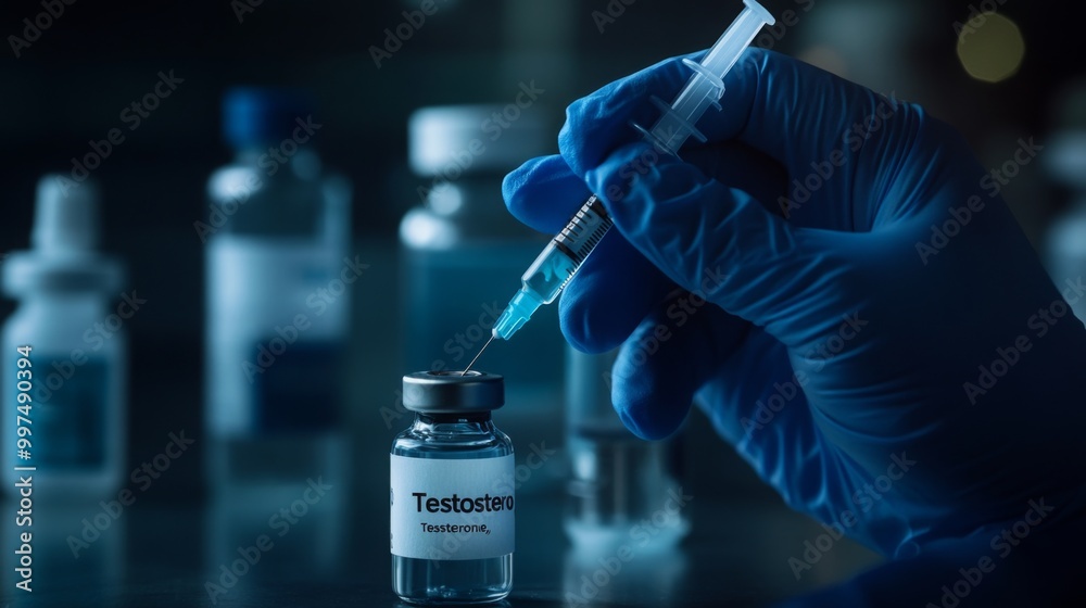 Poster a gloved hand is carefully drawing testosterone from a vial into a syringe with a focus on precision