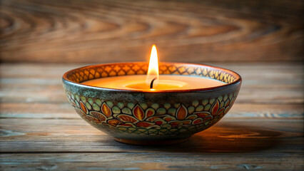 Burning candle centered in a decorative bowl , zen, relaxation, meditation, ambiance, cozy, tranquil, organic