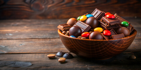 Dark chocolate bowl filled with sweet chocolate pieces and candy, sweet, chocolate, pieces, dark, candy, bowl