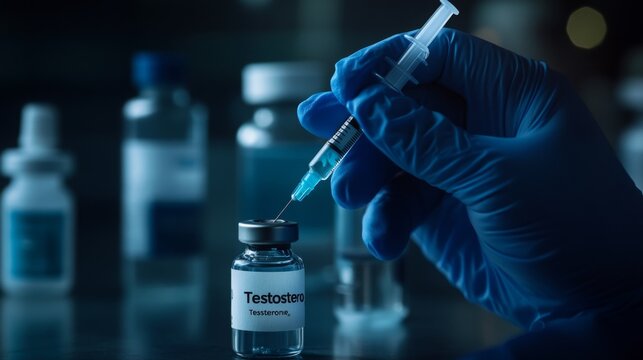 A gloved hand is carefully drawing testosterone from a vial into a syringe with a focus on precision in a dimly lit laboratory environment during a medical procedure.