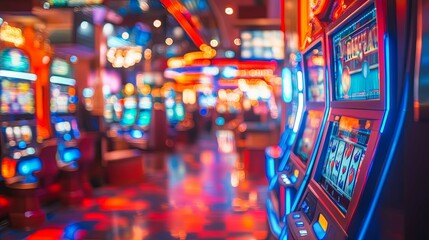 Slot Machines in a Casino with Blurry Background