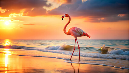 A beautiful  of a flamingo on the beach, showcasing the elegant silhouette of the bird in its natural habitat , beach, drawing