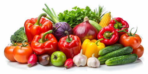 Freshly picked vegetables and fruits including tomatoes, peppers, cucumbers, and onions on a white background, tomato, pepper