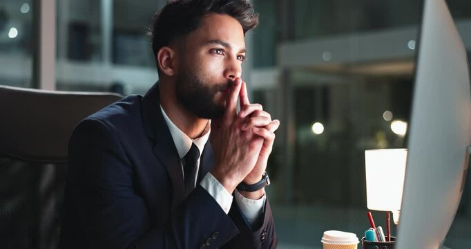 Man, employee and thinking on computer in office at night as accountant with deadline and overtime. Business person, ideas and financial report or reviews for auditing, budget and revenue for company
