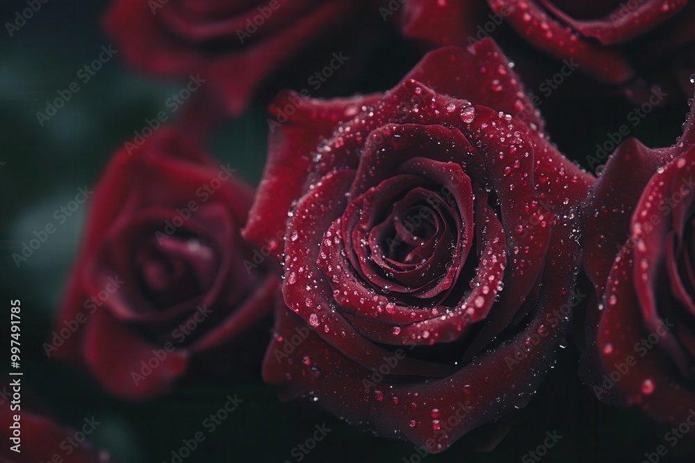 Sticker Deep red roses with water droplets shimmer gently, showcasing beauty in a tranquil garden environment during early morning hours. Generative AI