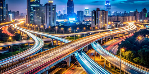 Obraz premium Busy urban highway at night with city lights reflecting on the road , cityscape, night, traffic, cars, speed