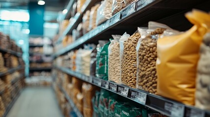 Grocery Store Shelf with Bags of Cereal and Grains