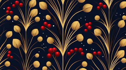 Floral pattern with golden and red elements on dark background.