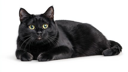 Black Cat with Green Eyes Isolated on White Background