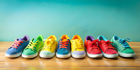 Fototapeta premium Colorful kids junior sport sneaker shoes banner, children, footwear, sneakers, sports, athletic, active, junior