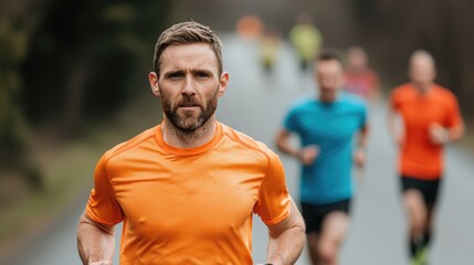 Fototapeta premium A focused runner in an orange shirt leads a group of joggers on a scenic path through a wooded area.