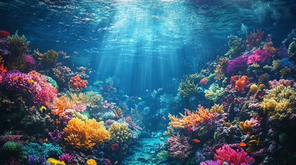 Naklejka premium Vibrant Underwater Coral Reef with Sunbeams and Fish