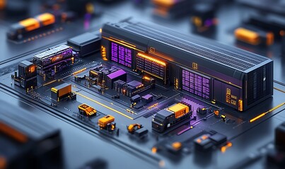  an isometric illustration of a smart warehouse management system emphasizing inventory control. with IoT device design 