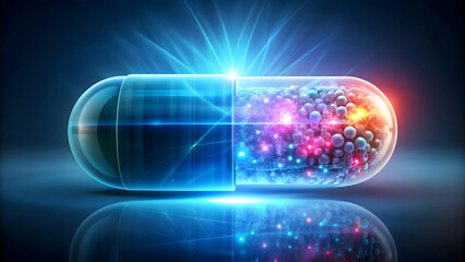 rendering of a futuristic drug pill with glowing effects, medicine, pharmaceutical, treatment, healthcare, innovation