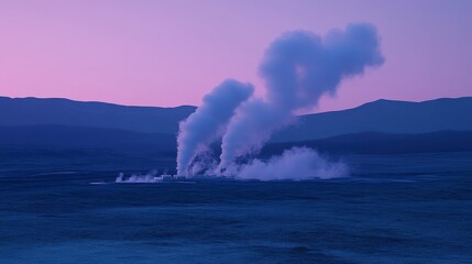Geothermal power plant emitting steam in a twilight landscape