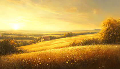 Obraz premium A sun-kissed landscape with warm golden hues over a quiet countryside, radiating tranquility and peace