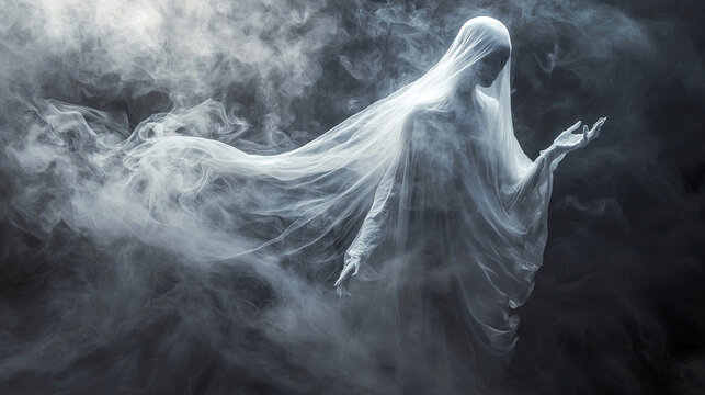 Mysterious ghostly figure emerging from smoke in foggy dark atmosphere. Supernatural, paranormal, Halloween, Day of the Dead