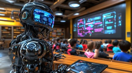 Robot teaching students in futuristic classroom with digital screens