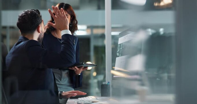 Business people, high five and computer at night in office with happiness for bonus, incentive and finance returns. Financial traders, online and success for profit or investment and team achievement