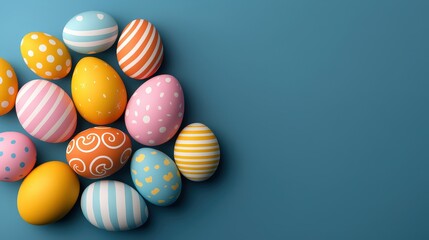 Colorful Easter Eggs on Blue Background   Spring Celebration   Holiday Decoration