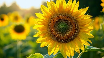 A close-up of a sunflower head with seeds forming in the center, set against a bright field