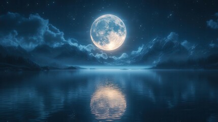 night sky illuminated by a full moon reflecting on tranquil waters creating a serene and peaceful ambiance perfect for contemplation and relaxation