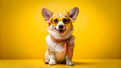 Summer corgi dog wearing yellow sunglasses and neckerchief, looking at blank empty copy space, over yellow background, Corgi